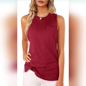 Women's High Neck Pocket Tank Top Sleeveless Blouse Plain Tunic Shirt Burgundy